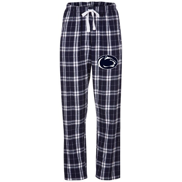 women's navy plaid flannel pants with Penn State Athletic Logo on left thigh